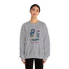 Disc Golfin' Jerry sport grey crewneck sweatshirt, model wearing with front cartoon golfer graphic