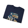 Navy crewneck sweatshirt, folded, with camping character graphic on the front.