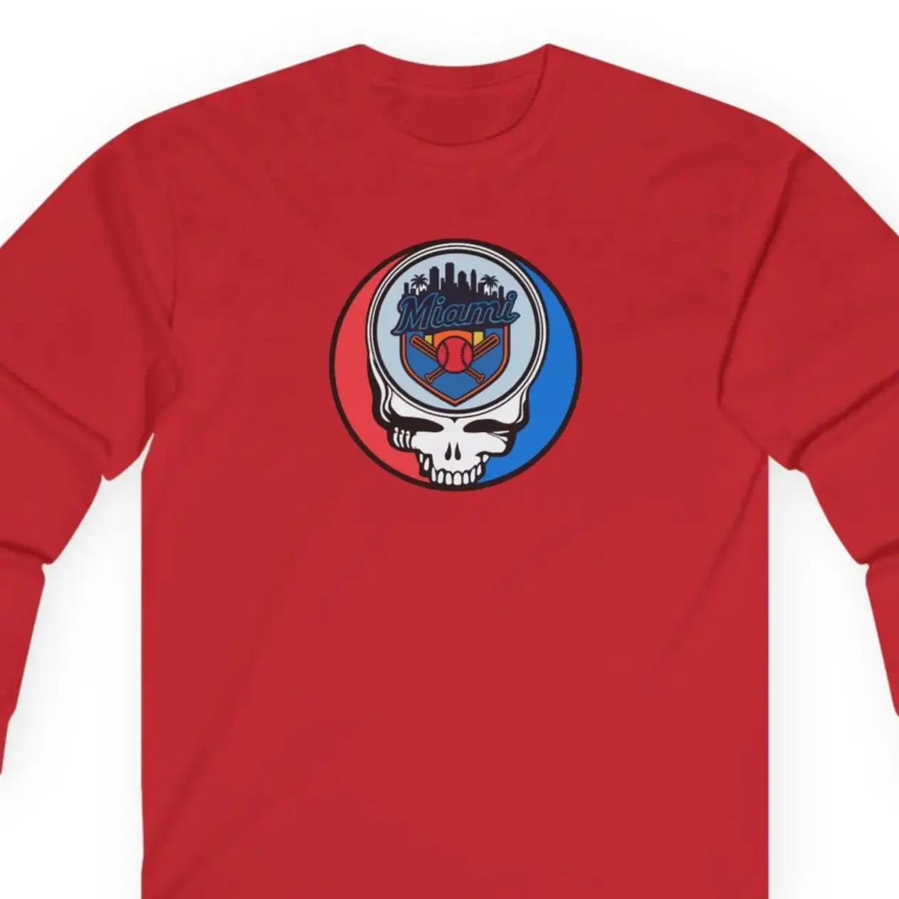 Red long-sleeve T-shirt with front-center circular team Stealie logo graphic