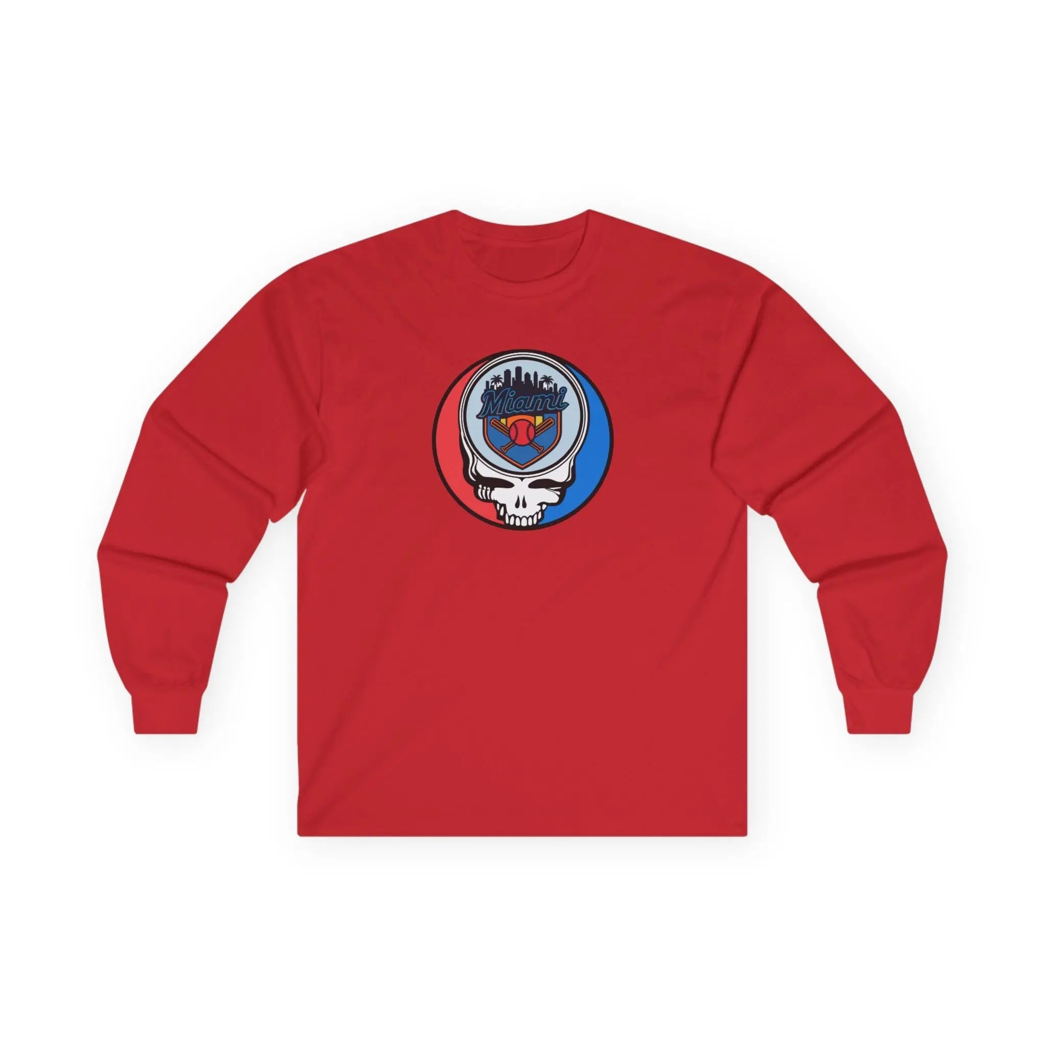 Red long-sleeve T-shirt, full view, with circular team Stealie logo graphic