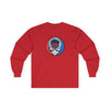 Red long-sleeve T-shirt, full view, with circular team Stealie logo graphic