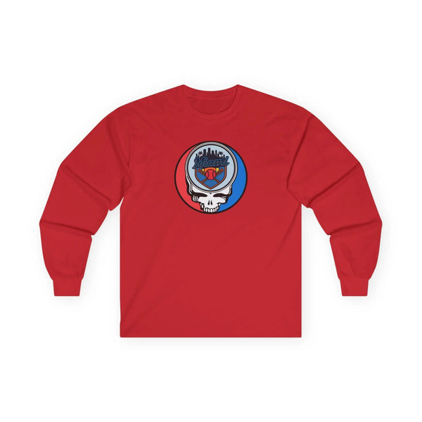 Red long-sleeve T-shirt, full view, with circular team Stealie logo graphic