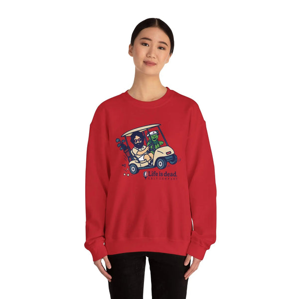 Red crewneck sweatshirt with cartoon car-and-characters graphic, long sleeves