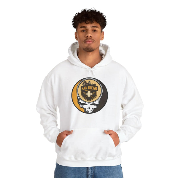 White pullover hoodie with hood and San Diego circular logo skull graphic