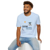 Light blue crewneck T-shirt with blue lake scene, cartoon figure, and "Life is dead."