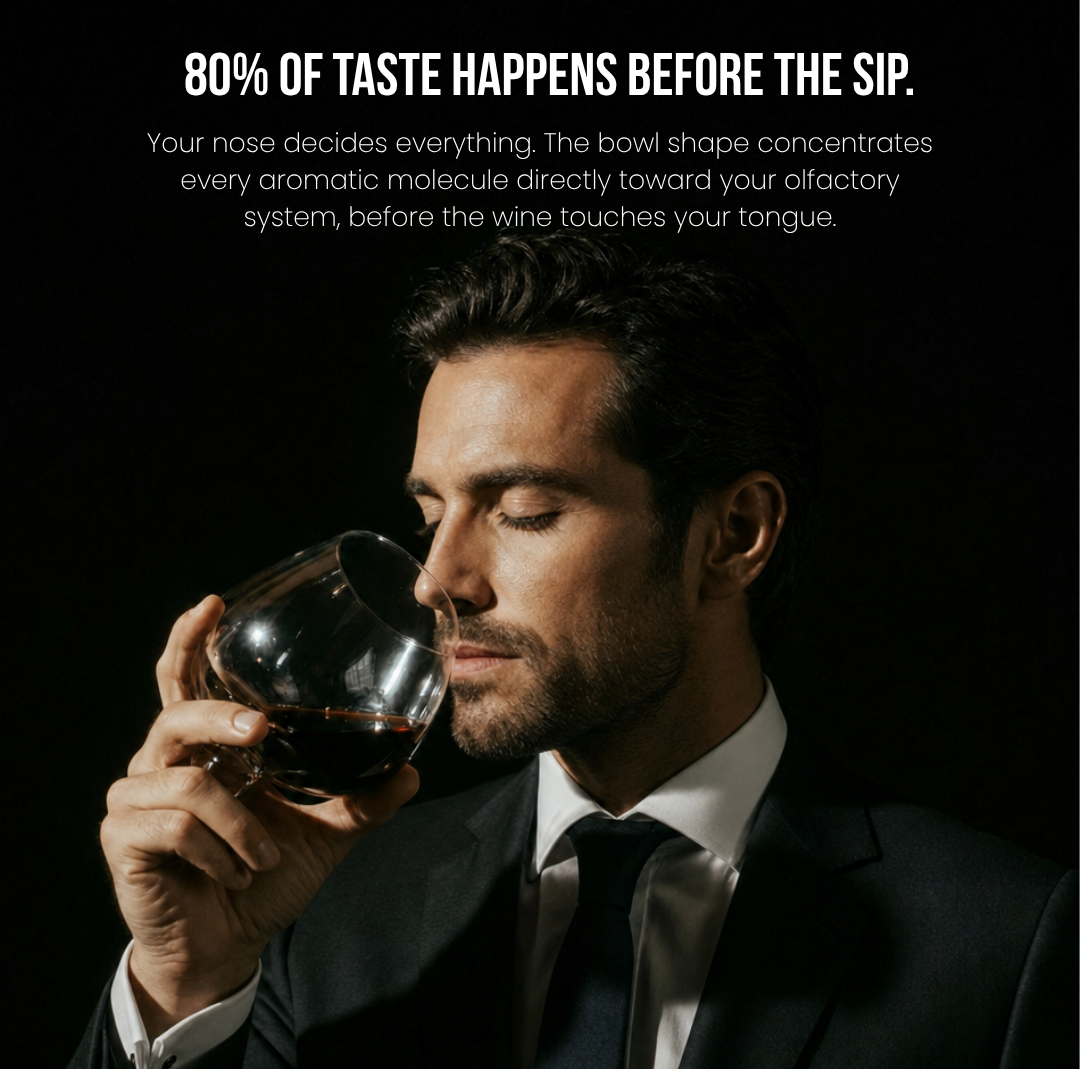 Man sipping from a crystal wine glass with red wine