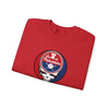 Red crewneck sweatshirt with Philadelphia circular logo graphic centered on chest.