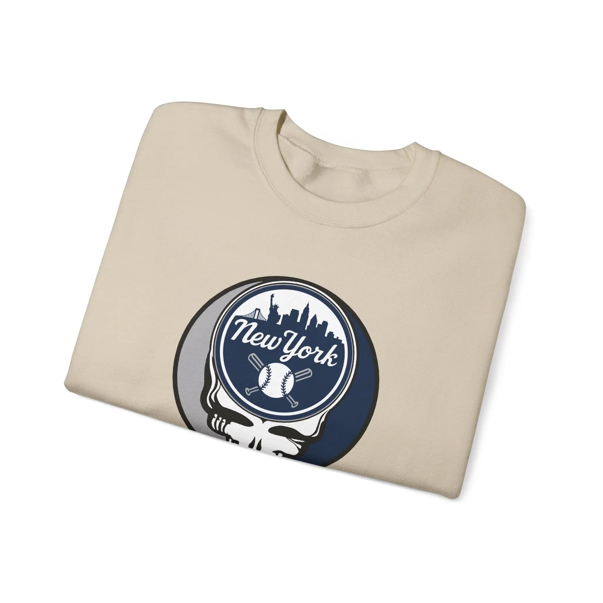 New York Yankees Stealie crewneck sweatshirt, sand color, angled view with round skull logo