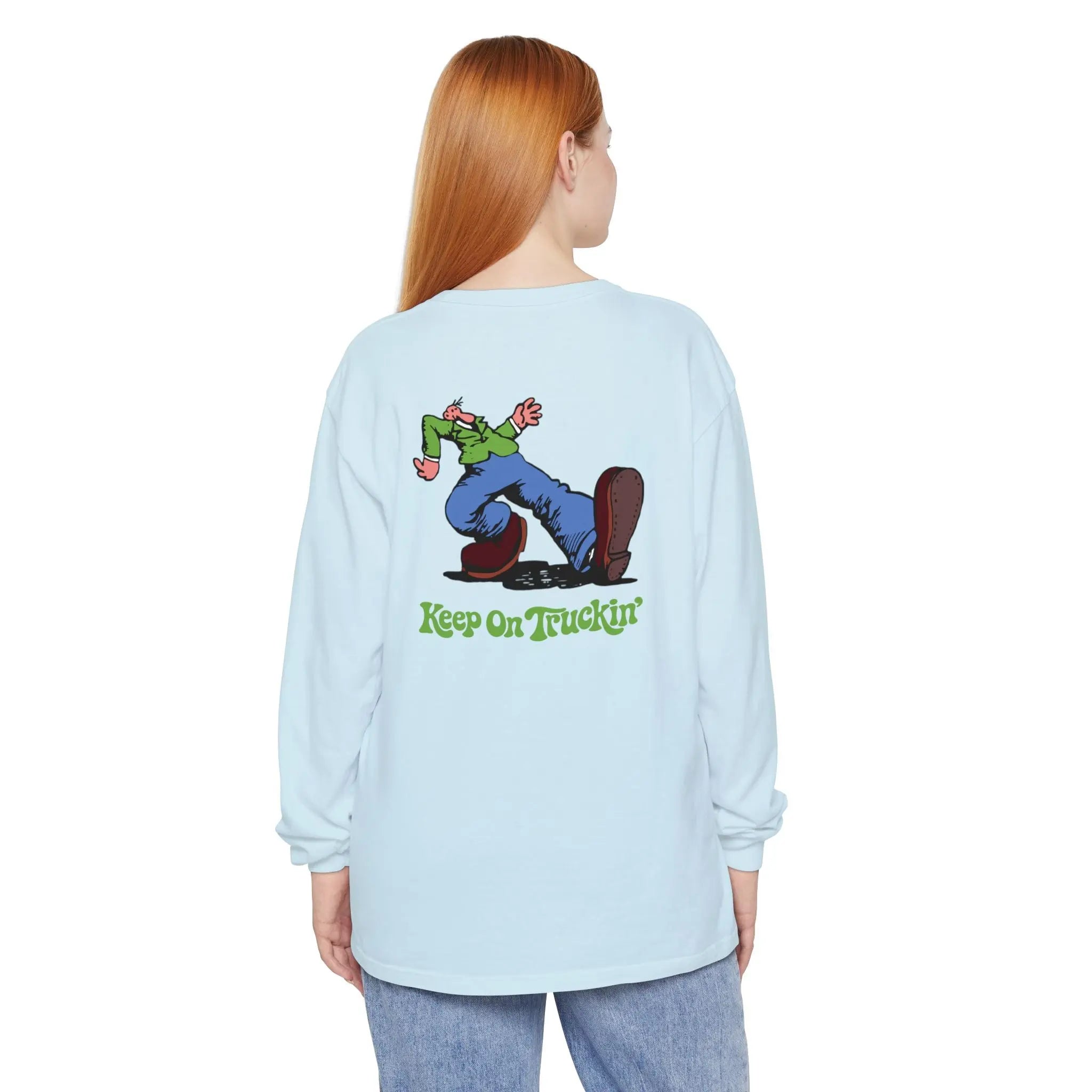Light blue long-sleeve T-shirt with back “Keep On Truckin’” graphic