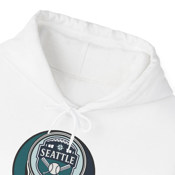 White Mariners hoodie close-up of hood and front Seattle logo graphic