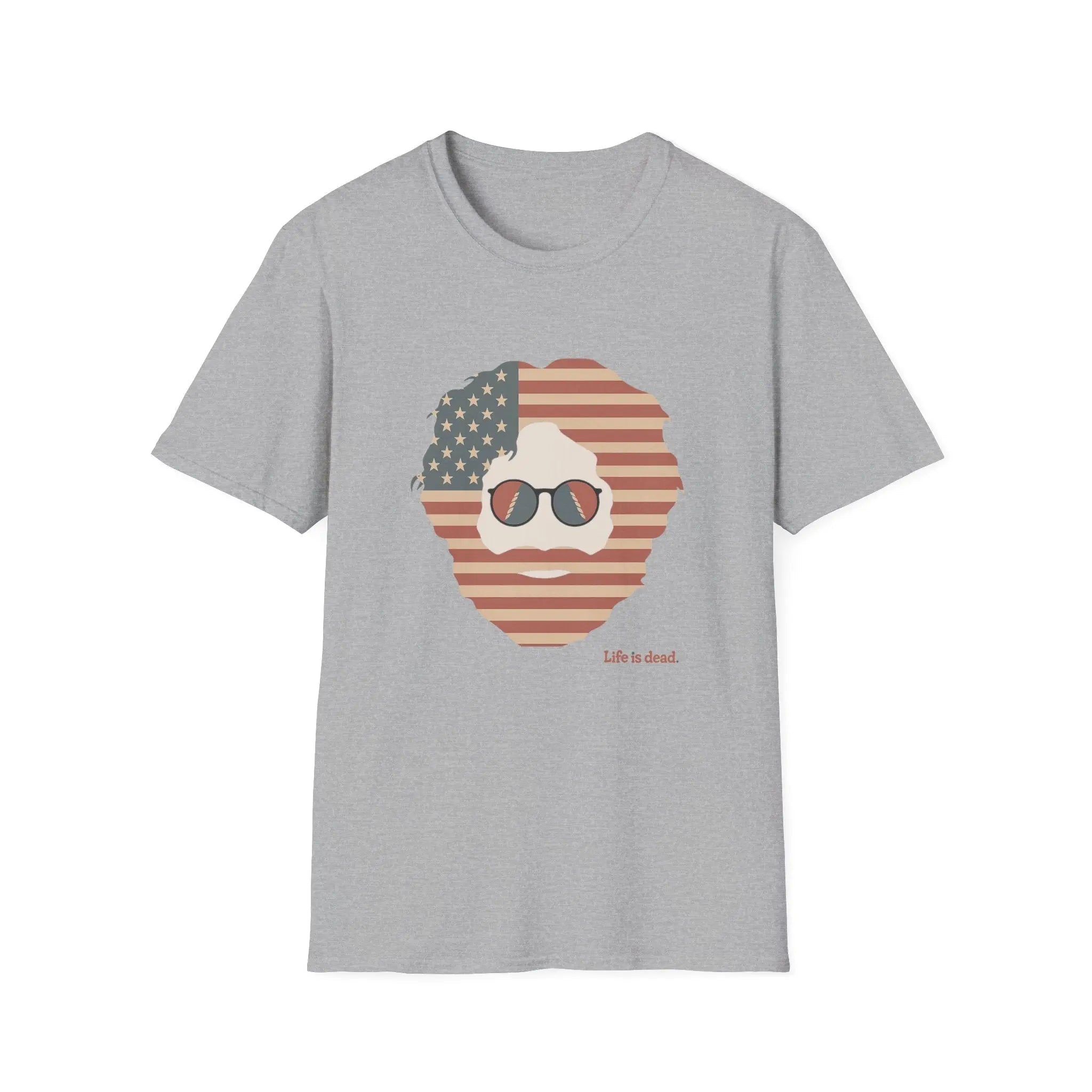 Gray crewneck T-shirt with patriotic bearded skull graphic, 