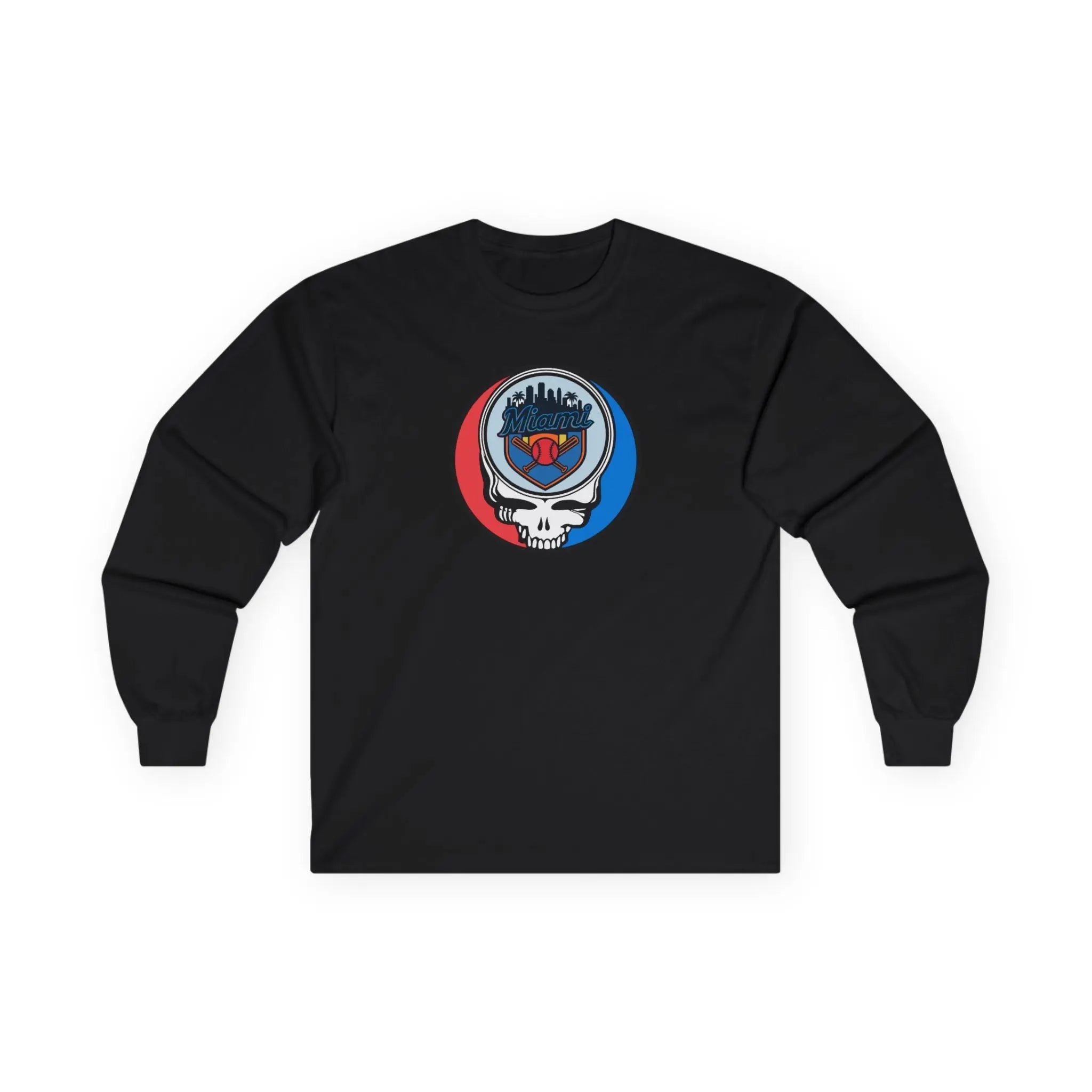 Black long-sleeve T-shirt with front-center circular team Stealie logo graphic
