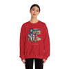 Unisex camping sweatshirt in red with illustrated camper, dog, and skull graphic