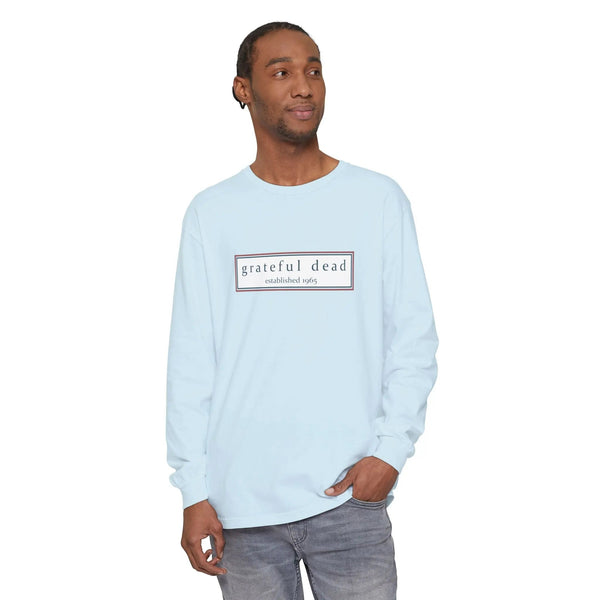 Light blue long-sleeve T-shirt with front “grateful dead established 1965” logo