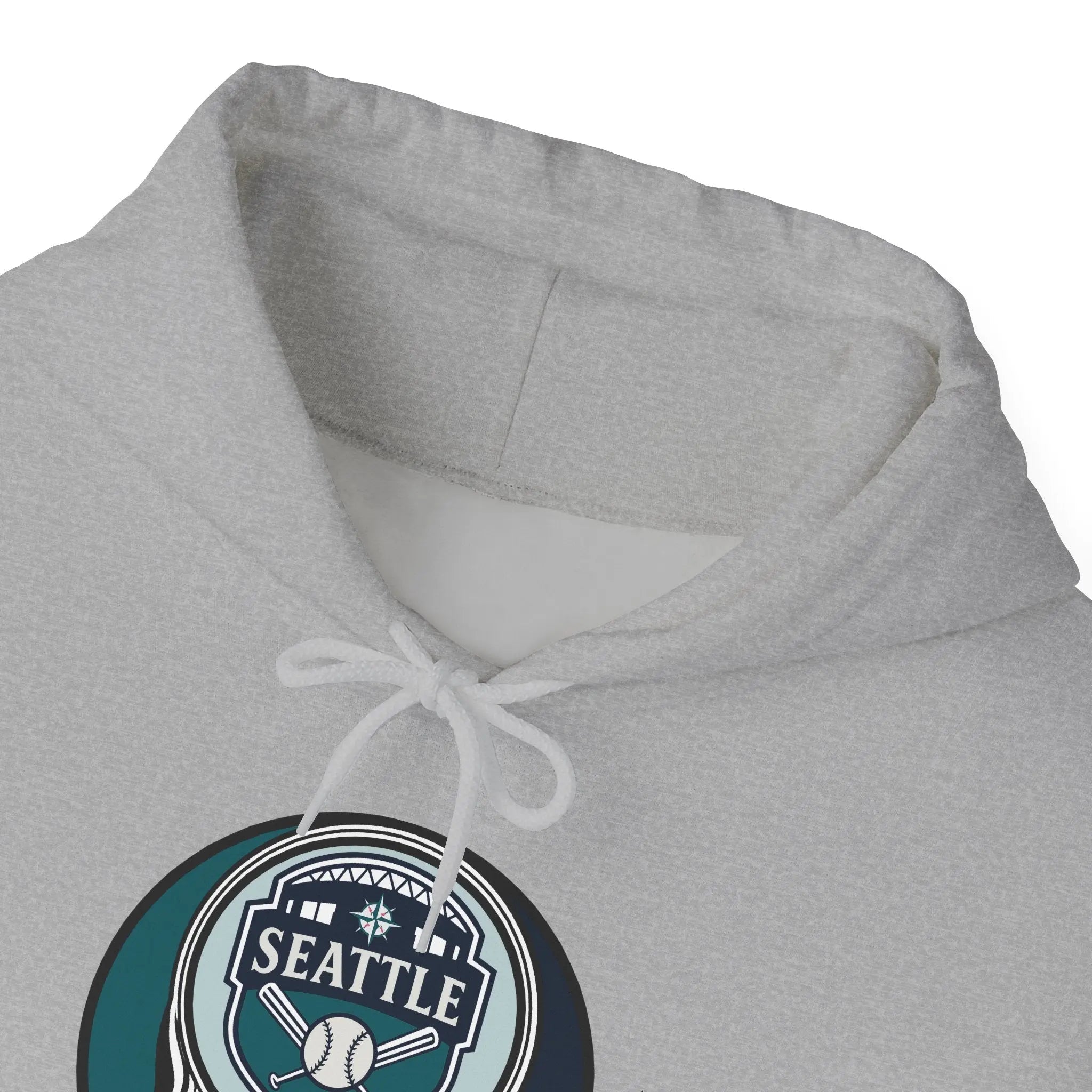Gray Mariners hoodie close-up of hood and drawstring with Seattle logo graphic