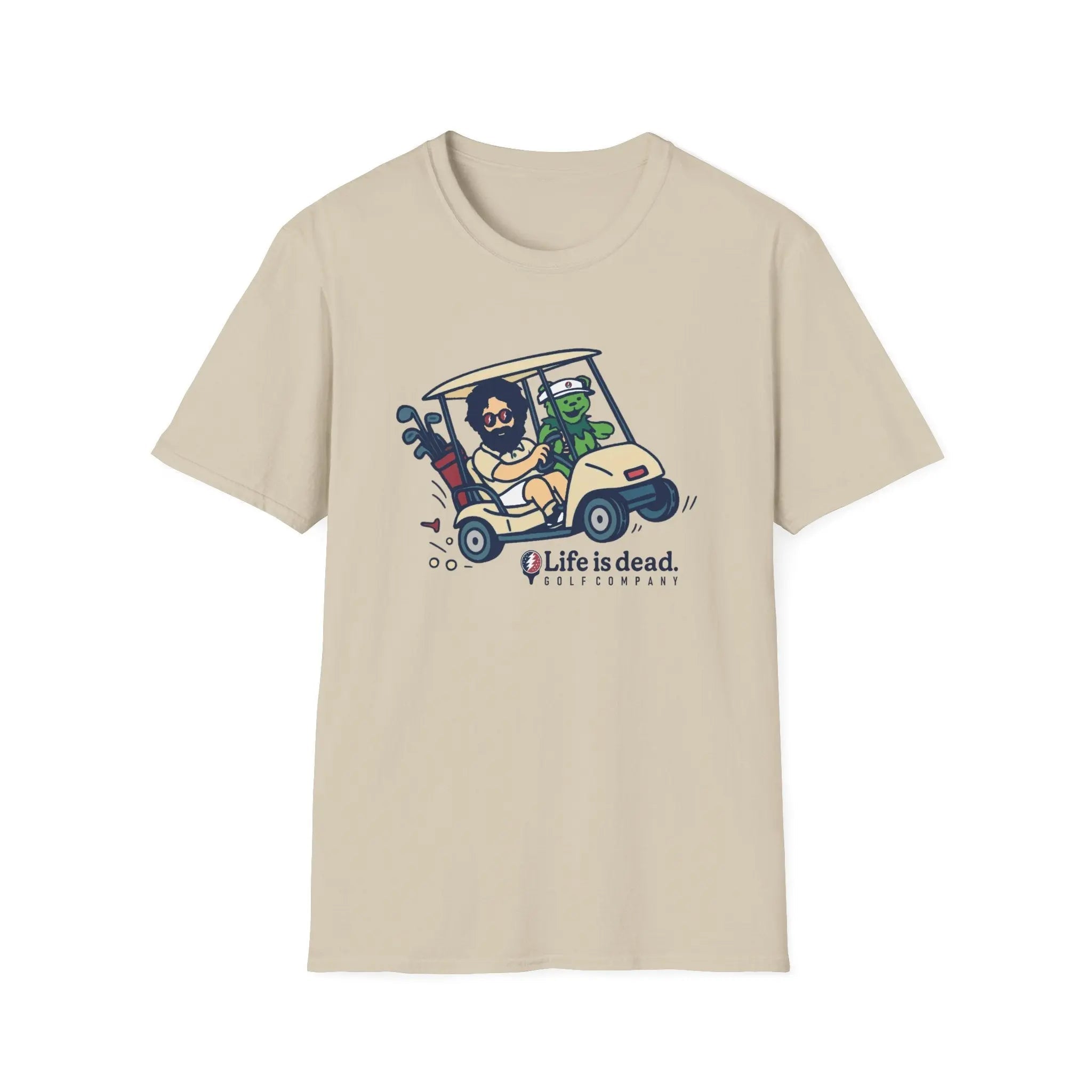 Sand graphic T-shirt with golf-cart cartoon and “Life is dead” logo on chest