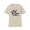 Sand graphic T-shirt with golf-cart cartoon and “Life is dead” logo on chest