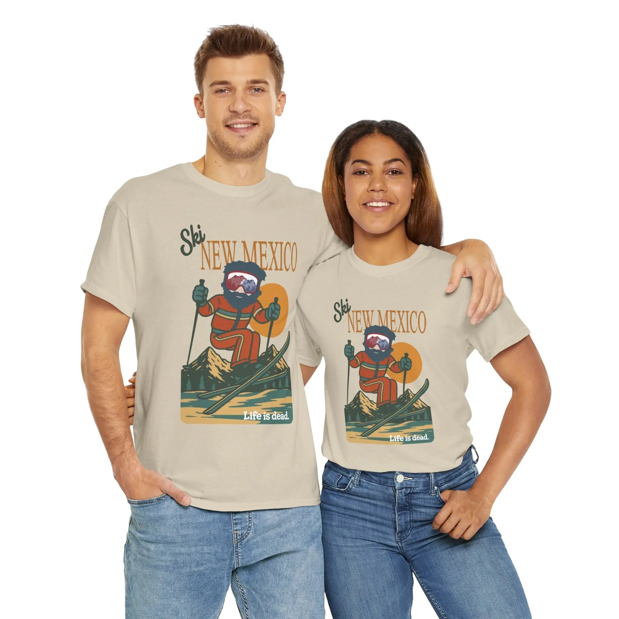 Sand beige T-shirt with Ski New Mexico retro ski graphic on the chest