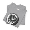 Gray Chicago Stealie skull T-shirt with circular Chicago logo graphic on chest