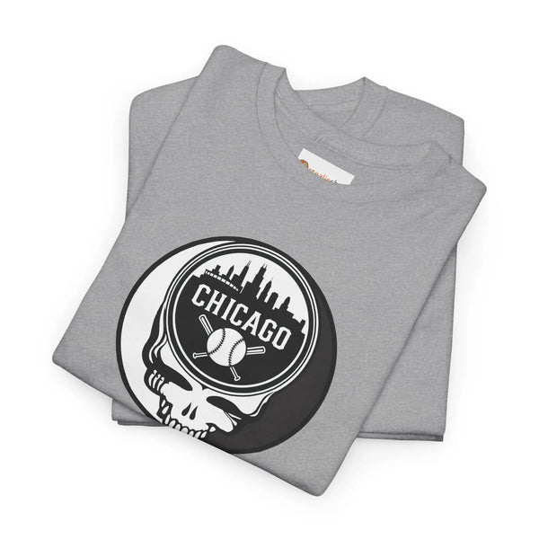 Gray Chicago Stealie skull T-shirt with circular Chicago logo graphic on chest