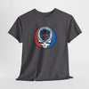 Charcoal crewneck graphic T-shirt with circular skull logo on the chest