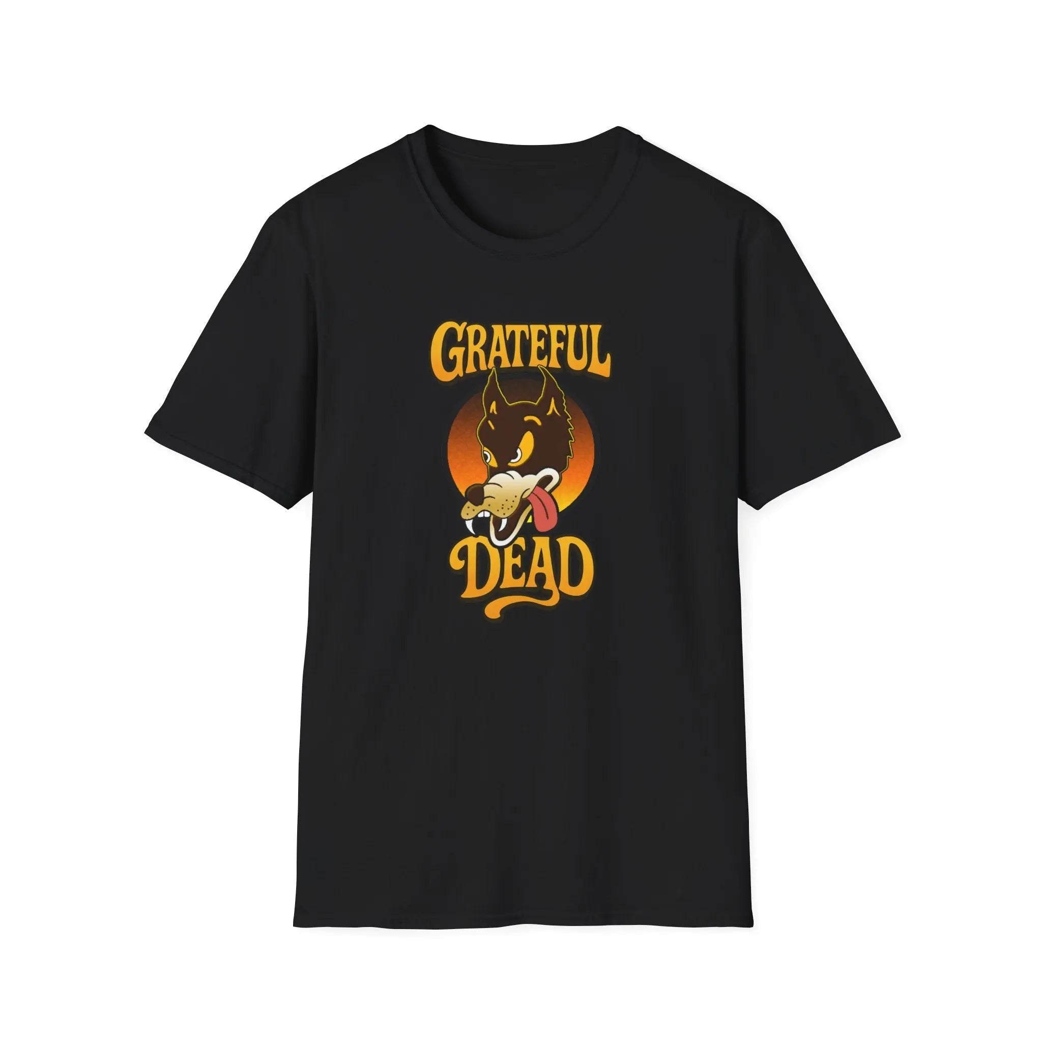 Black T-shirt with front graphic of wolf head and “Grateful Dead” lettering