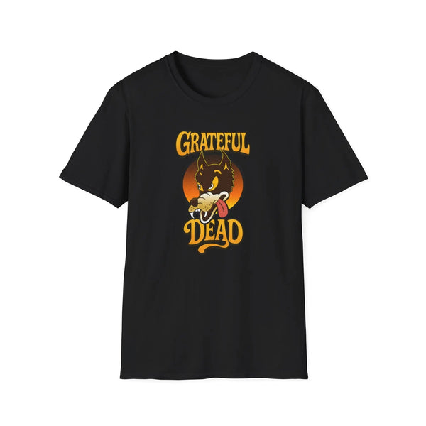 Black T-shirt with front graphic of wolf head and “Grateful Dead” lettering
