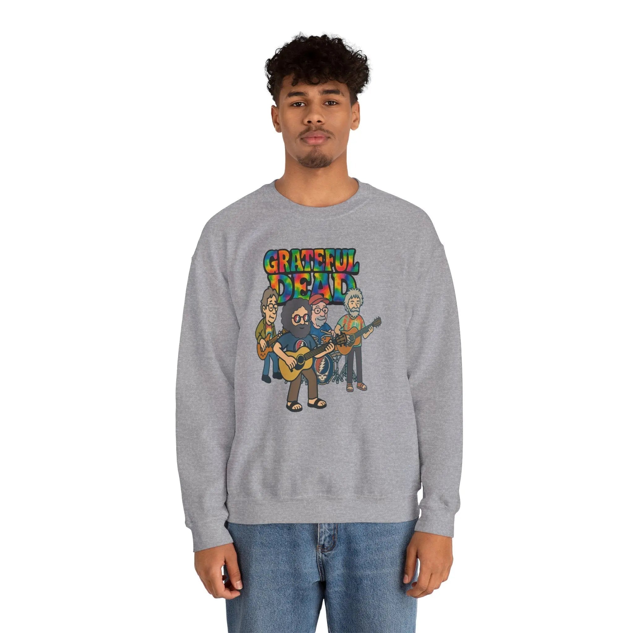 Heather gray crewneck sweatshirt with front band logo graphic print