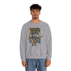 Heather gray crewneck sweatshirt with front band logo graphic print