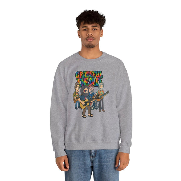 Heather gray crewneck sweatshirt with front band logo graphic print