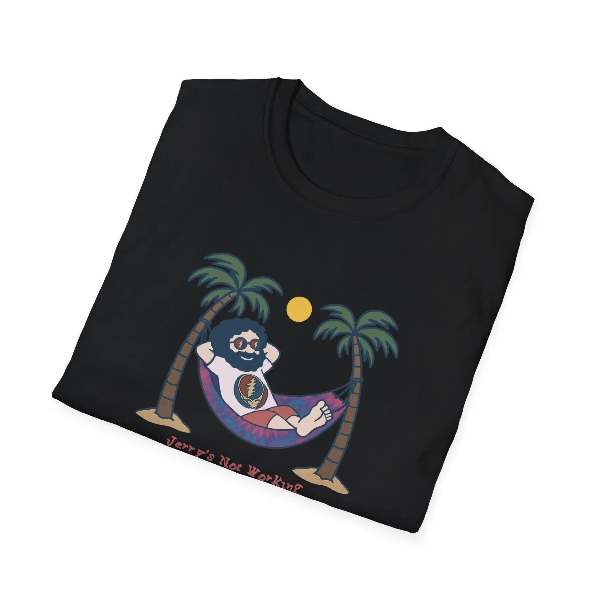 Black crewneck T-shirt with sloth hammock graphic and palm trees