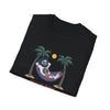 Black crewneck T-shirt with sloth hammock graphic and palm trees