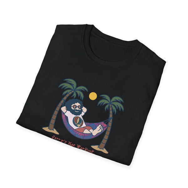 Black crewneck T-shirt with sloth hammock graphic and palm trees
