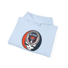 Light blue pullover hoodie with front Detroit logo patch and drawstring hood