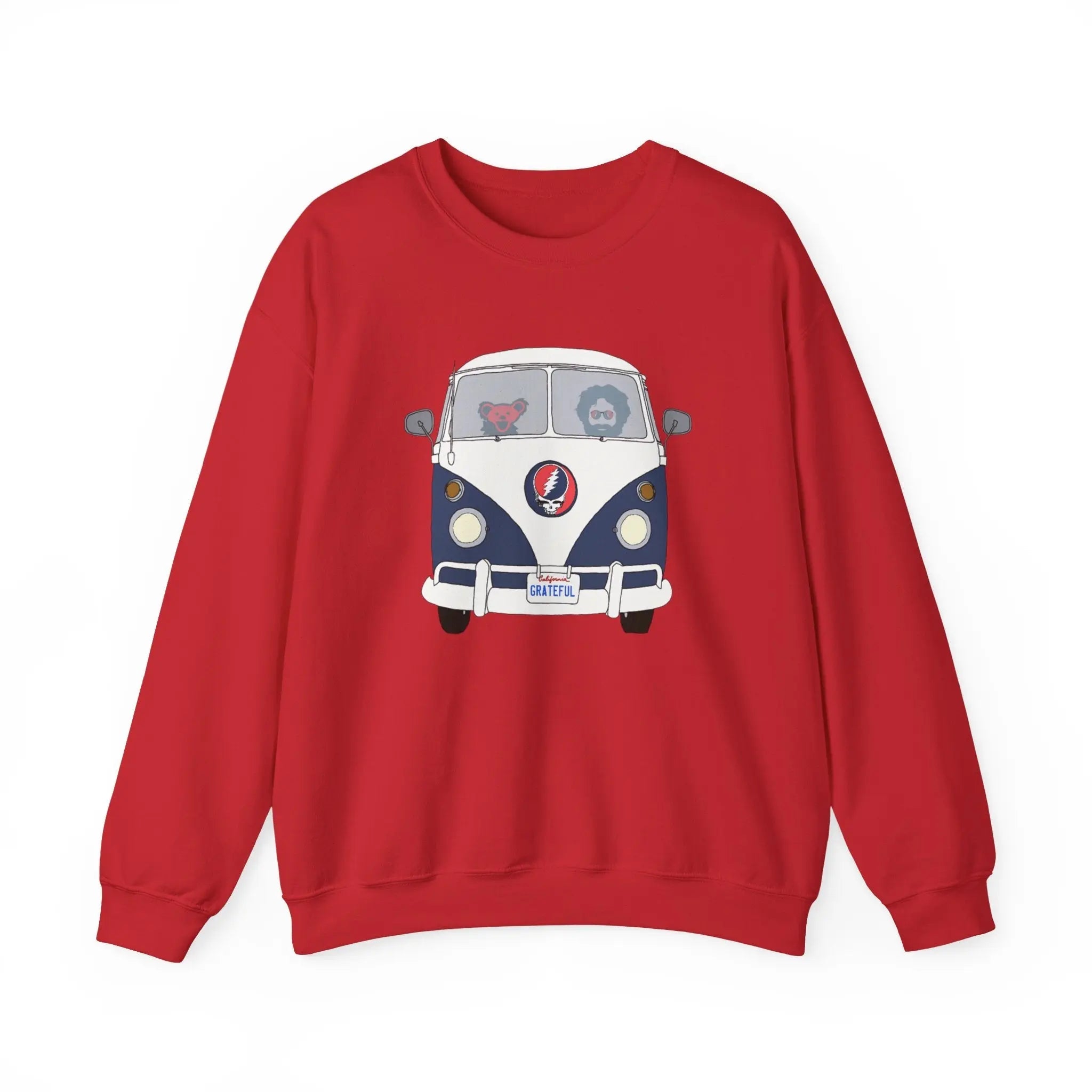 Red crewneck sweatshirt with front bus graphic print