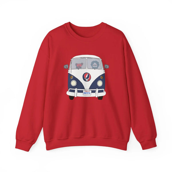 Red crewneck sweatshirt with front bus graphic print