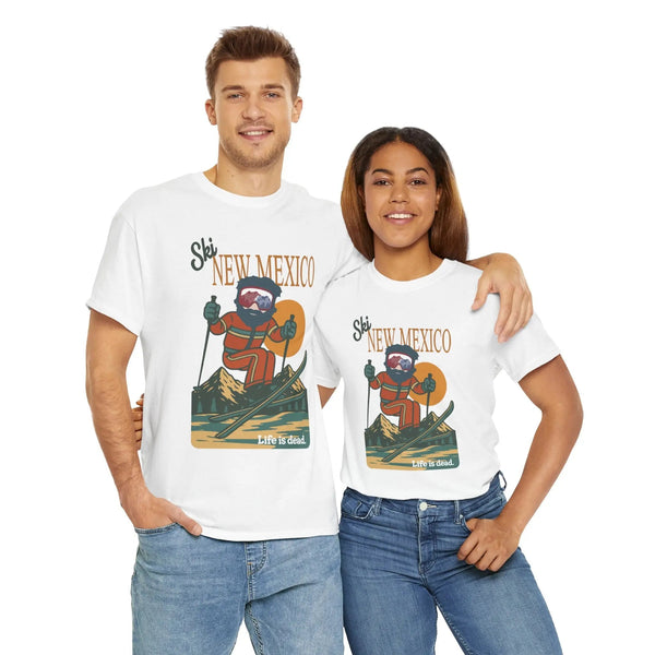 White T-shirt with Ski New Mexico retro ski graphic on the chest