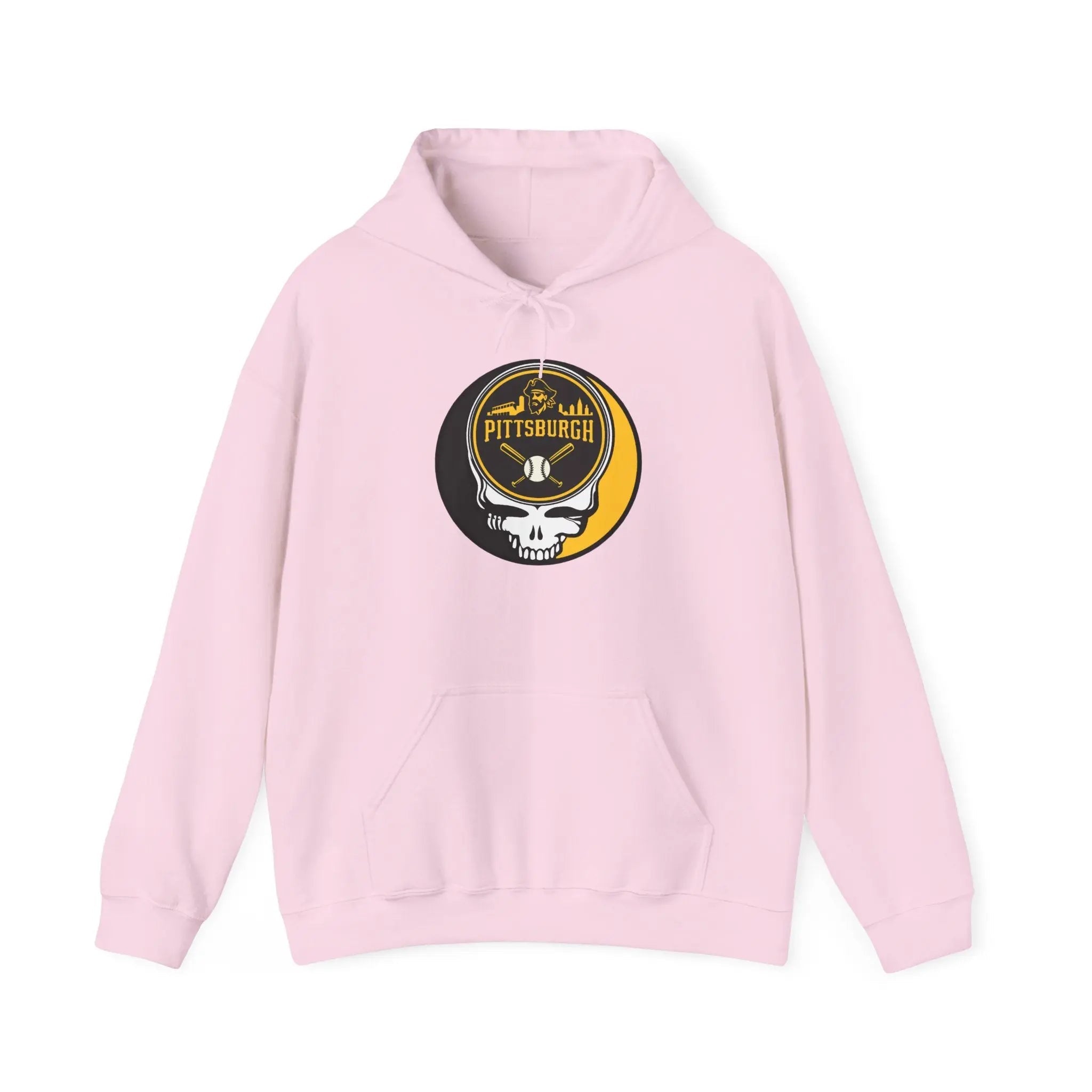 Light pink Pittsburgh hoodie with front pouch pocket, drawstring hood, and Stealie logo