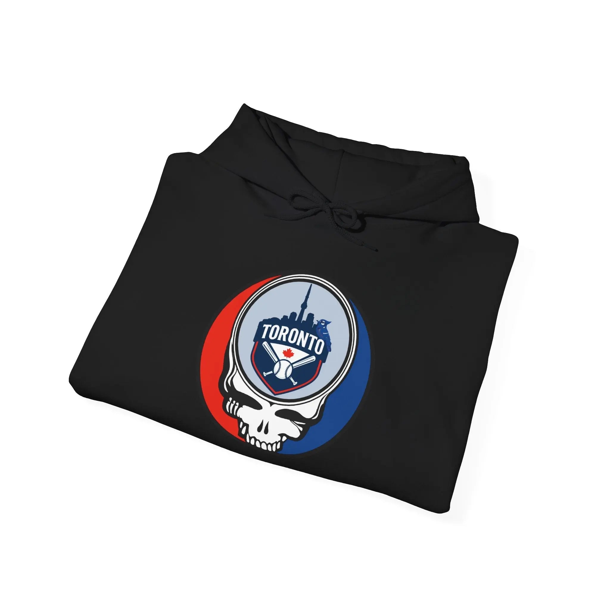 Black hoodie with stacked-fold look, drawstring hood, Toronto logo emblem