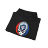 Black hoodie with stacked-fold look, drawstring hood, Toronto logo emblem