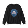 Black crewneck sweatshirt with blue face graphic and sunglasses print