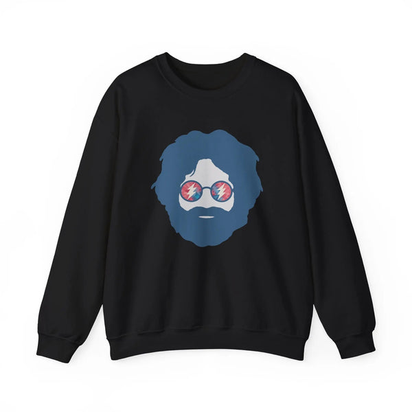 Black crewneck sweatshirt with blue face graphic and sunglasses print