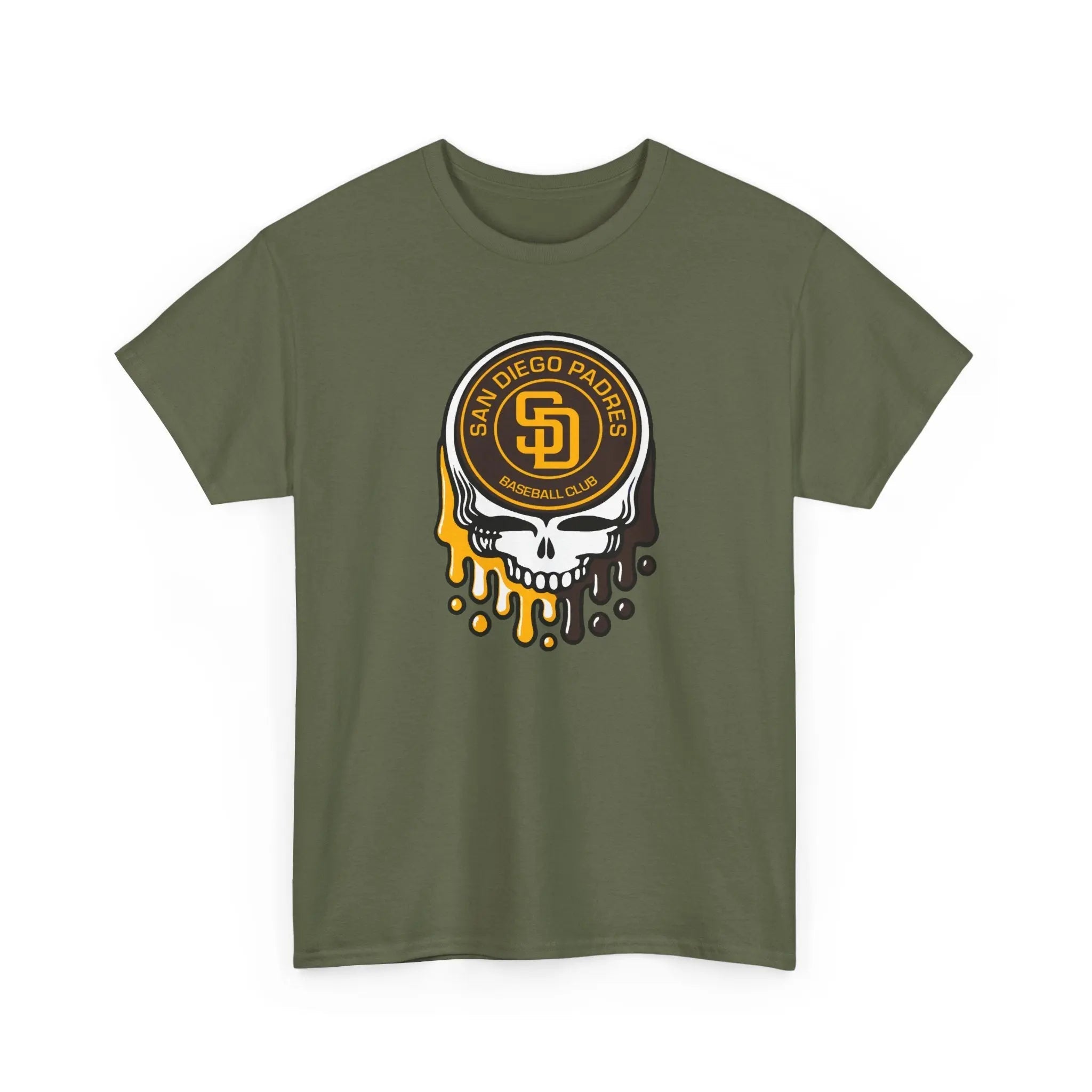 Military green San Diego Padres logo graphic T-shirt with dripping skull chest print