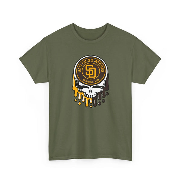 Military green San Diego Padres logo graphic T-shirt with dripping skull chest print