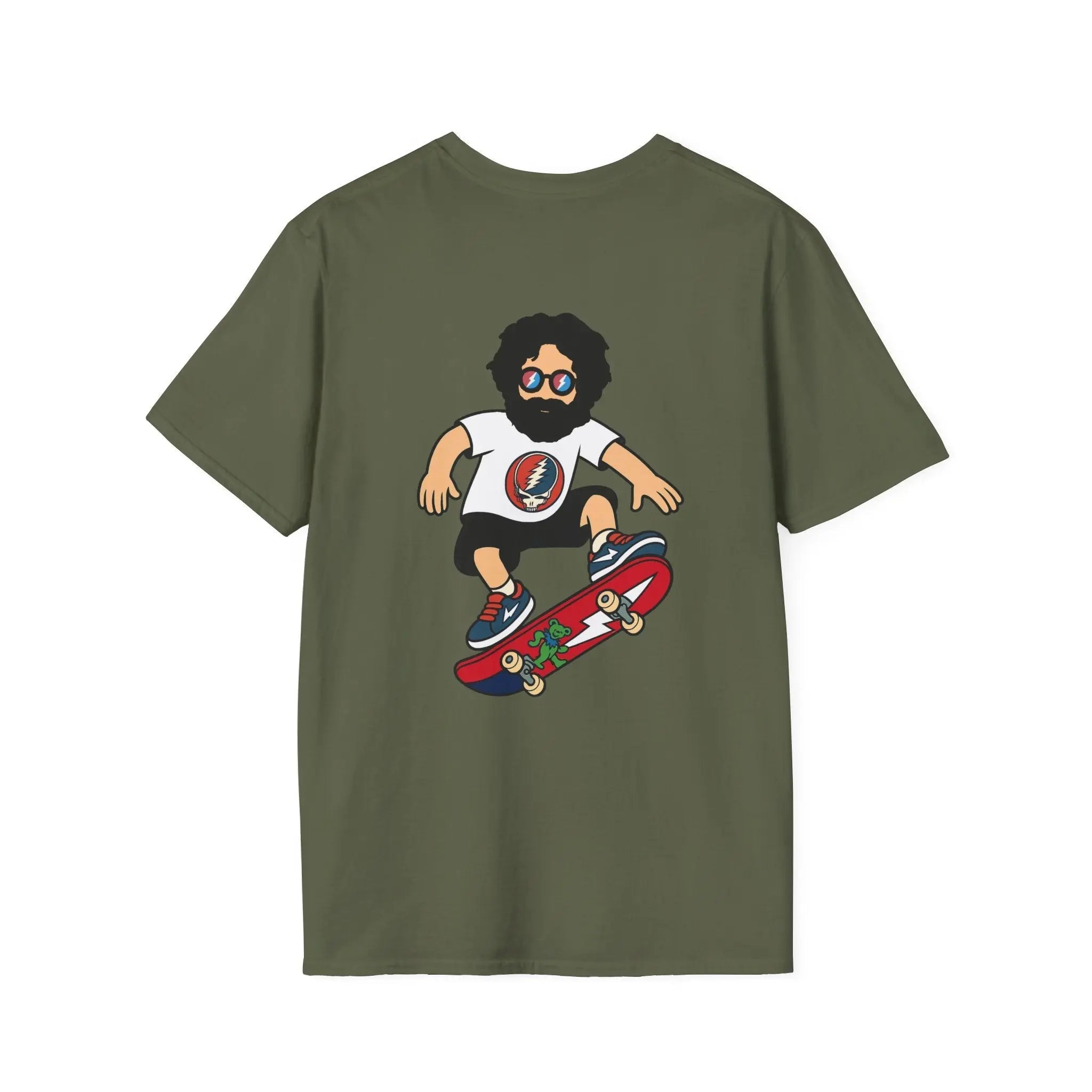 Two-sided print T-shirt in dark olive green with skateboard character graphic on front