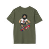 Two-sided print T-shirt in dark olive green with skateboard character graphic on front