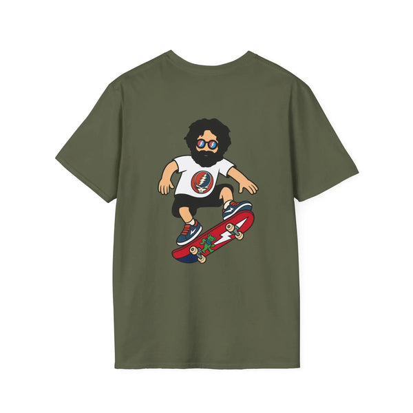 Two-sided print T-shirt in dark olive green with skateboard character graphic on front
