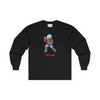Black long-sleeve graphic T-shirt with hockey player and 'Life is dead' print