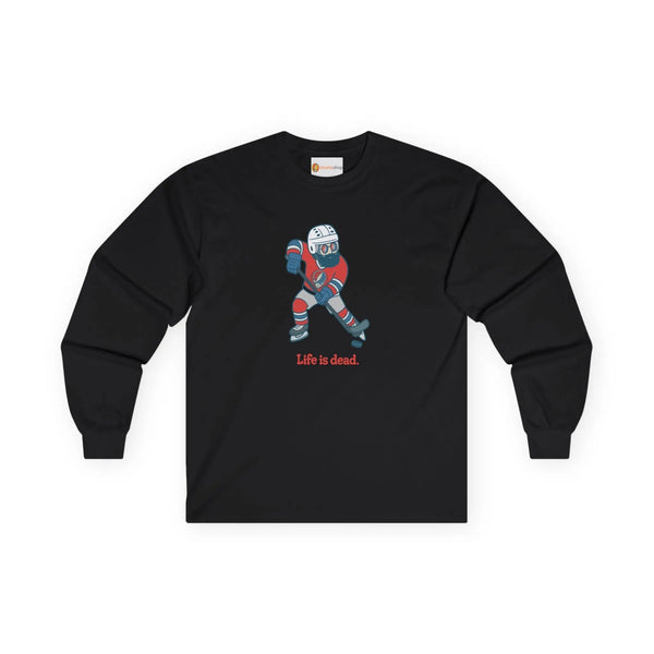 Black long-sleeve graphic T-shirt with hockey player and 'Life is dead' print