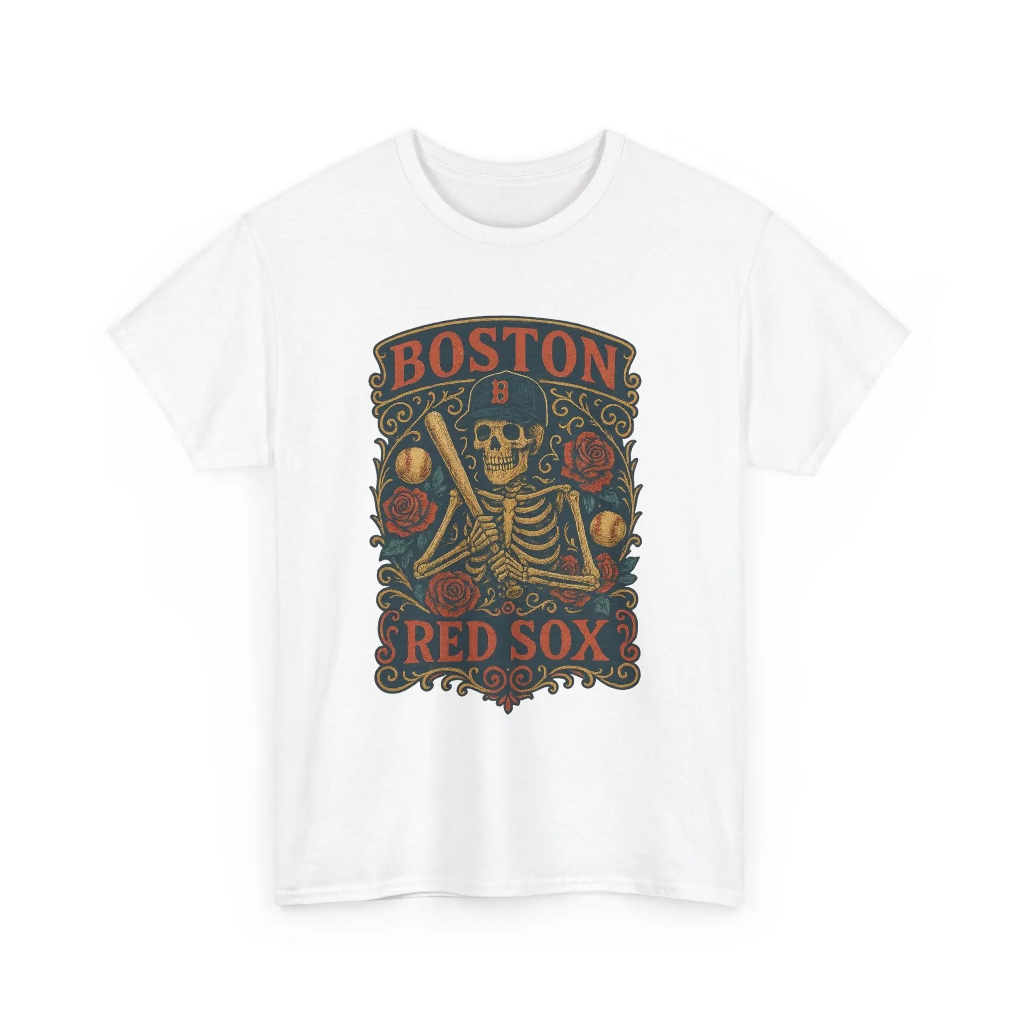 White T-shirt with Boston Red Sox skeleton shield graphic, crew neck